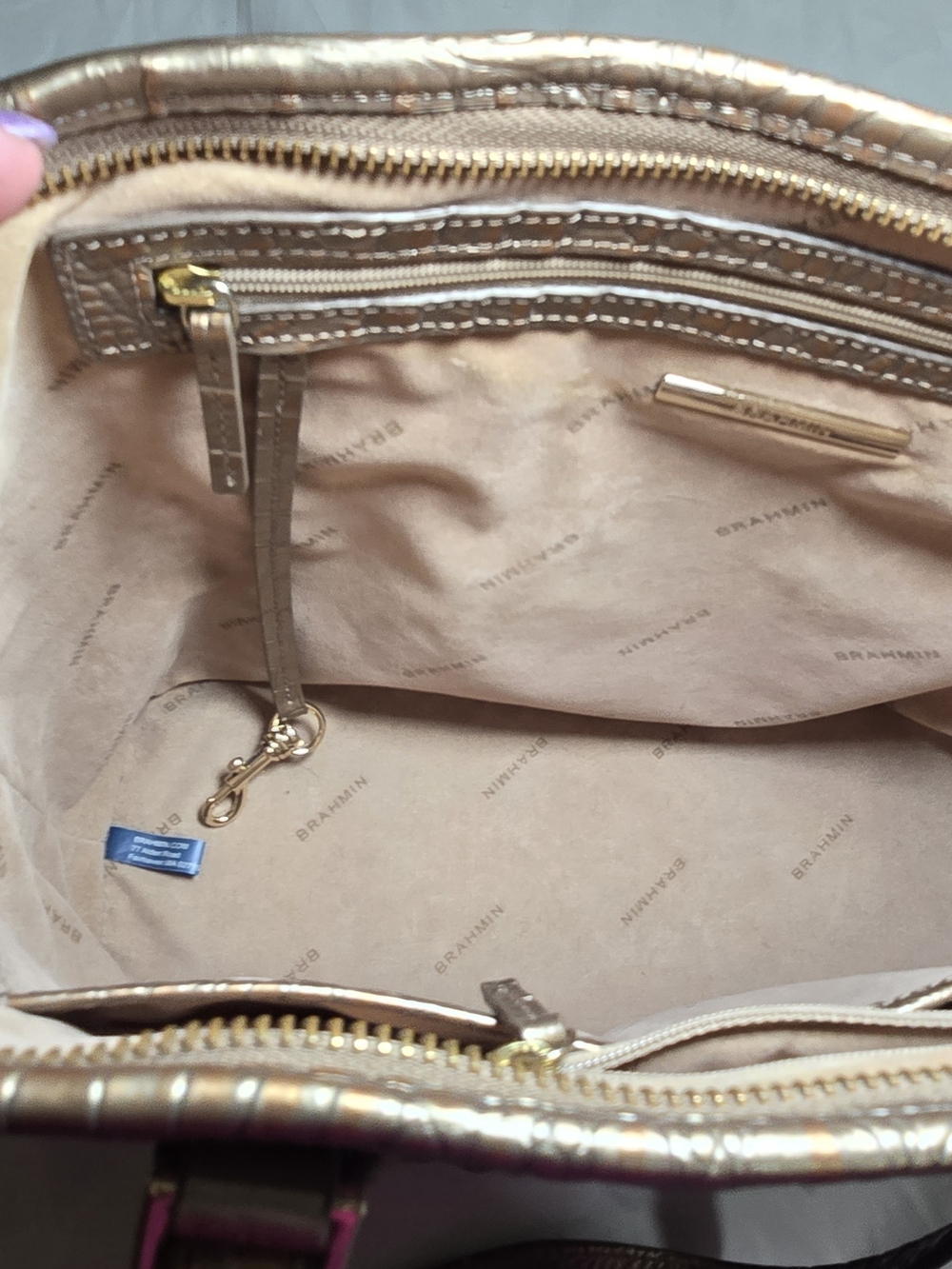 Brahmin Metallic Bronze Gold Croc Embossed Leather Large Tote Bag Tassel Charm - Picture 9 of 12